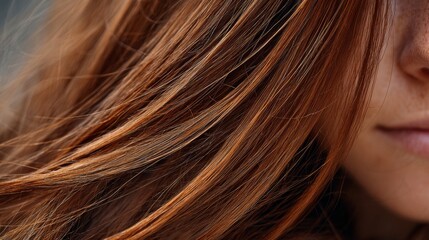Fototapeta premium Close-up View of Beautiful Copper Red Hair with Natural Shine and Soft Texture, Highlighting Individual Strands and Freckles on Skin Tone