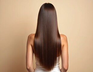 Brunette woman shows off long shiny straight hair from behind. Smooth hair cascades down her back, isolated on neutral beige backdrop. Healthy hair care and styling.