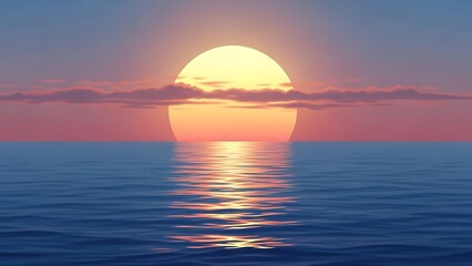 Serene sunset over calm ocean waters with cloud obscuring the sun
