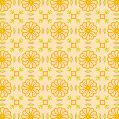 Cute Seamless Floral Pattern with Orange Flowers and Green Leaves on Beige Background.