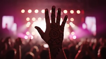 Concert crowd with hands raised in excitement during a live performance.