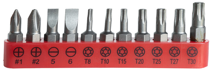 Screwdriver and ratchet tips in a red organizer isolated on a transparent png background