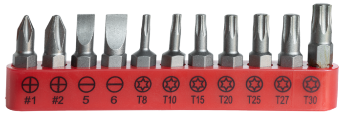 Screwdriver and ratchet tips in a red organizer isolated on a transparent png background