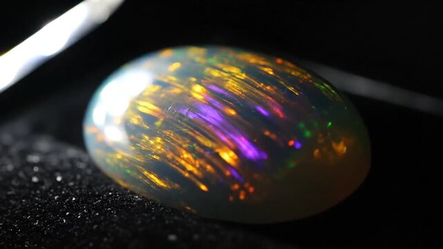 Oval Cabochon Opal Gemstone With Vivid Fire Display of Golden Yellow Purple and Green Flashes Against a Dark Textured Background