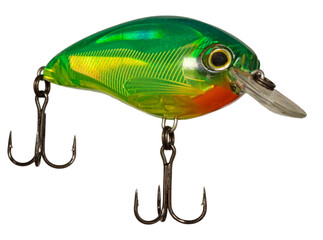 Fototapeta premium Green, yellow and orange casting crankbait for fishing isolated on a transparent png background