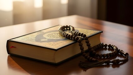 Islamic Holy Book Quran and Prayer Beads on Wooden Table with Sunlight religion