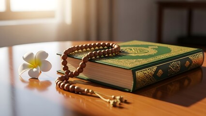 Islamic Holy Book Quran with Prayer Beads and a White Flower on a Wooden Table religion