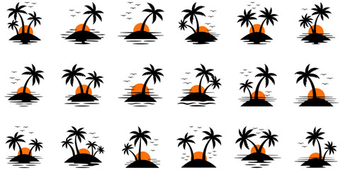 Tropical Paradise: A stunning collection of tranquil scenes with silhouettes of palm trees and a vibrant sunset, evokes a sense of escape and serene.