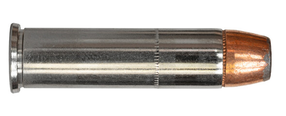 Naklejka premium Nickel-plated 357 magnum cartridge with a hollow point bullet isolated on a transparent png background