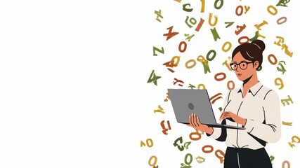 Woman with laptop and flying numbers and letters representing data analysis and digital information. 4k Flat Animation Video - Powered by Adobe