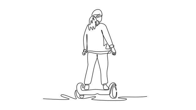 Animated self drawing continuous line draw young woman viewed from behind, standing on two-wheeled self-balancing hoverboard. Eco-friendly micro-mobility urban travel. Full length one line animation