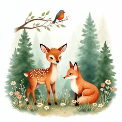 Fototapeta premium Cute fawn and fox sit in forest meadow. Bird rests on tree branch above. Watercolor forest scene with woodland animals and flowers. Peaceful nature illustration.