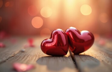 Fototapeta premium Two shiny red hearts rest on wooden planks. Soft bokeh lights and scattered petals create a romantic, warm atmosphere. Perfect for love themed designs, anniversaries, or Valentines day cards.