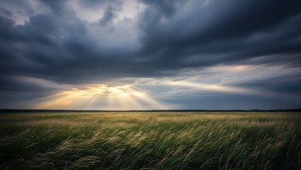 Dramatic Sunbeams Pierce Stormy Clouds Over Golden Field.