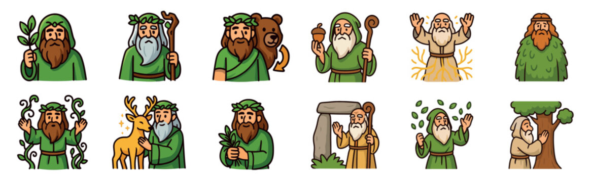 Set of twelve cartoon druid characters in various poses with nature elements like animals, plants, and magic, presented in a cute and whimsical illustration style for fantasy themes