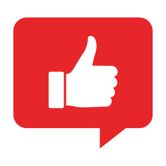 Digital Approval: A bold red speech bubble featuring a white thumbs-up symbol, symbolizing digital approval and endorsement.