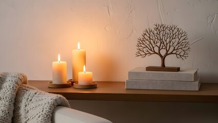 Lit candles on a shelf with a knitted blanket and tree sculpture burning light
