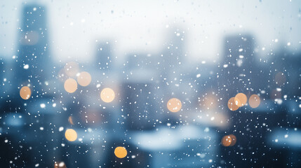 Snow falling on a blurred city background creating a winter atmosphere