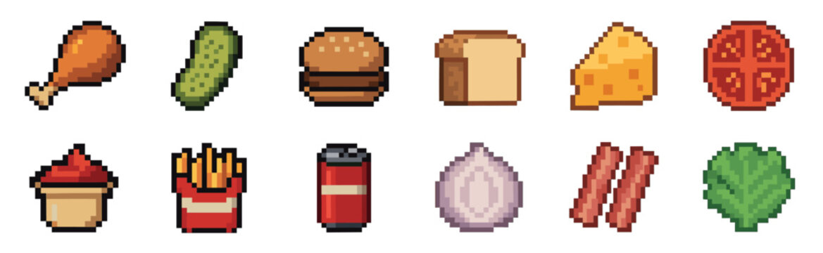 Collection of pixel art food icons including a hamburger, fries, chicken, soda, and vegetables in a retro 8-bit video game style illustration