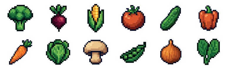 Fototapeta premium Collection of colorful pixel art vegetables featuring broccoli, corn, tomato, and carrot in a retro 8-bit video game style illustration set for digital design