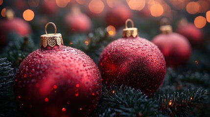 A collection of red Christmas baubles features golden accents and bokeh lights in a blurred festive background.