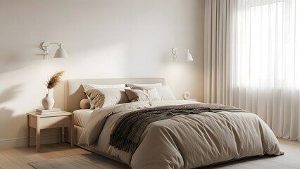 Modern Bedroom with Neutral Tones and Natural Light stock photo