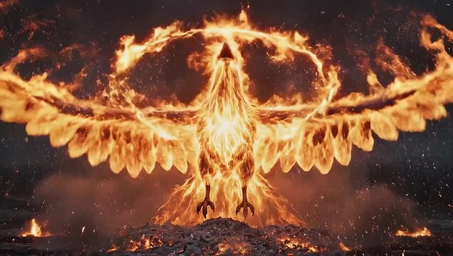 Mythical phoenix rising from ashes in a fiery explosion