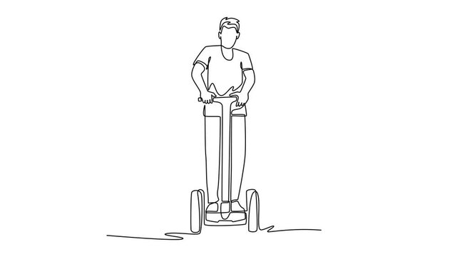 Self drawing animation of single line draw man in t-shirt standing on self-balancing personal transporter Segway. Futuristic, micro-mobility urban exploration. Continuous line. Full length animated
