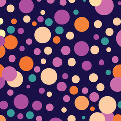 Colorful polka dots seamless pattern on a dark blue background.