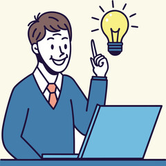 Smiling man with laptop excitedly points to idea light bulb above his head