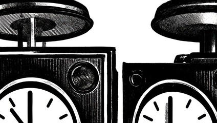 Vintage Alarm Clocks Side by Side Black and White Illustration.