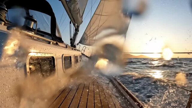 POV shot from the deck of a luxury sailing yacht navigating through rough ocean waves at sunset with water splashing on the camera lens during a summer adventure voyage.