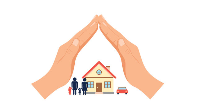 Protecting family and home with caring hands symbolizes security, safety, and the importance of a stable environment for loved ones.