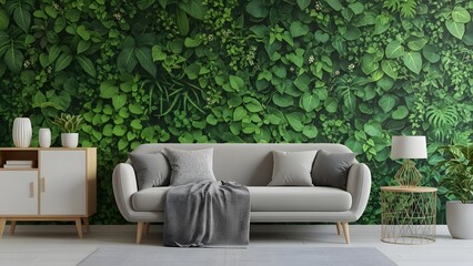 Modern Living Room with Gray Sofa and Green Living Wall stock