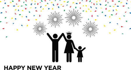 Happy New Year celebration illustration, family silhouette with fireworks and confetti, festive holiday greeting card design isolated on white background
