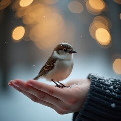 A tiny sparrow finds refuge on a person's hand during a snowy evening