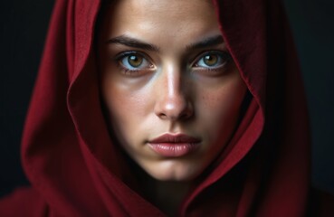 Naklejka premium Close up photo of young woman in red hood. Portrait of beautiful girl. Her face reflects mystery. Dark background enhances the subject. She looks calm.