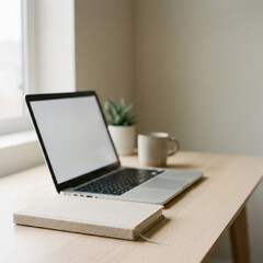 Fototapeta premium Minimal Home Office with Open Laptop Fabric Notebook Coffee Mug and Small Plant by Window