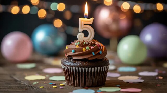 Chocolate cupcake with number 5 candle on top surrounded by colorful balloons