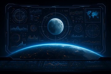 SciFi Command Center Panel Displaying Planet Earth, Lunar Surface and Data Visualization Screens for Space Exploration Concept