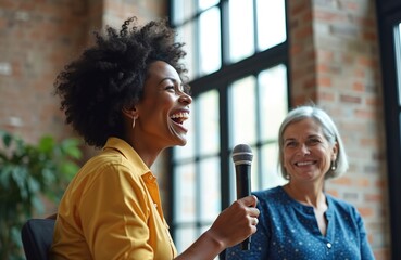 Two women speak on panel. African american woman laughs holding microphone. Caucasian woman listens attentively. Business event dialogue and interaction.