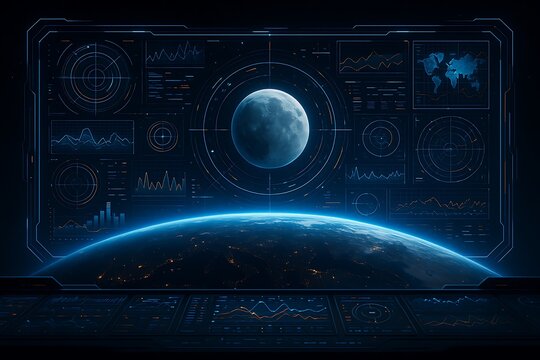 SciFi Command Center Panel Displaying Planet Earth, Lunar Surface and Data Visualization Screens for Space Exploration Concept - Powered by Adobe