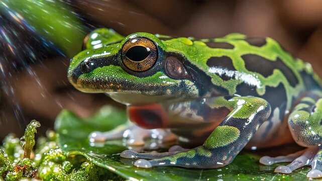A vibrant green exotic frog with glistening smooth skin sits attentively on a mossy leaf, showcasing intricate patterns and bright eyes.