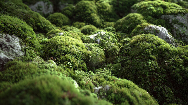 A vibrant close-up view of verdant moss-covered rocks, showcasing the beauty of nature