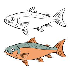 Obraz premium Detailed salmon coloring page featuring a graceful fish with flowing fins, textured scales, and gentle river waves. Clean outlines inspire creativity, perfect for kids and adults to color. 