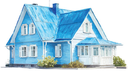 Blue House with Blue Roof Painting for Interior Decor Inspiration