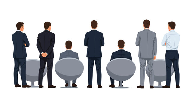 Vector illustration set of diverse businessmen in formal attire standing and sitting from the back view, isolated on a white background, concept for business meetings, conferences, or job interviews
