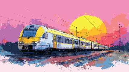 Scenic Train Painting with Sun Vector Outline