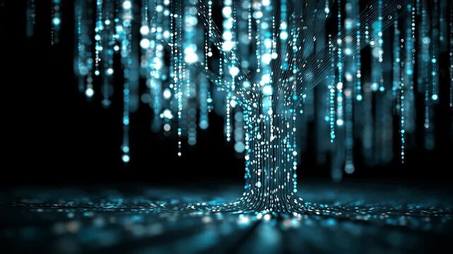 Ultra HD Digital tree of life concept with flowing blue binary data particles and bokeh lights on dark background video