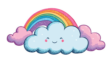 Cheerful Cartoon Cloud with Rainbow Smiling - Vector Illustration